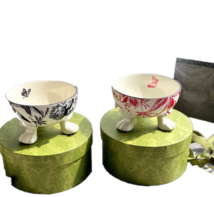 Elegant Rustic Style Animal Food Container - Porcelain Butterflies and Flowers Design