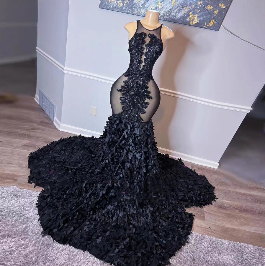 Sexy Black Mermaid Prom Dress For African Girl 2024 Beading Sequined Sleeveless Appliques Party Evening Dress Illusion Graduation Gowns