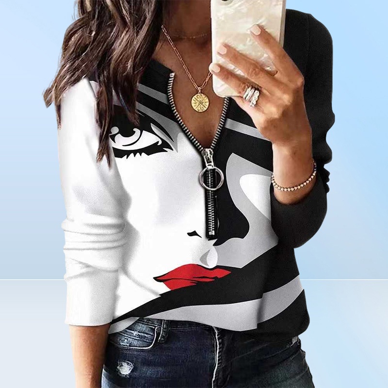 Womens Designer Clothing Fashionable T Shirts For Woman Tshirts Blouse Printing Zipper Long Sleeve New Casual Ladies Top Swe3678415