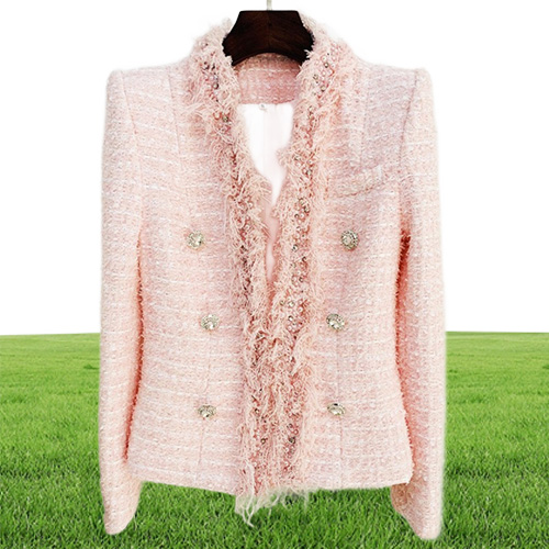 Fall Autumn Long Sleeve V Neck Pink Solid Color Tweed Beaded Rhine Buckles Double-Breasted Blazers Elegant Top Quality Outwear Coats 21O13202