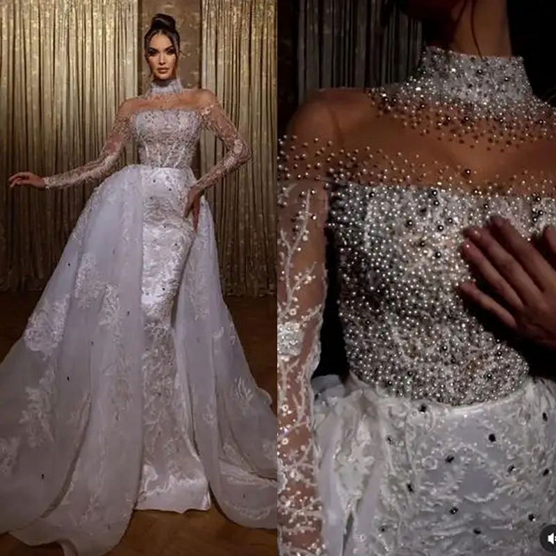 Mermaid Arabic Wedding Dubai Dresses Long Sleeves Pearls Beaded High Collar Lace Appliques Gorgeus Bridal Gowns with Detachable Train