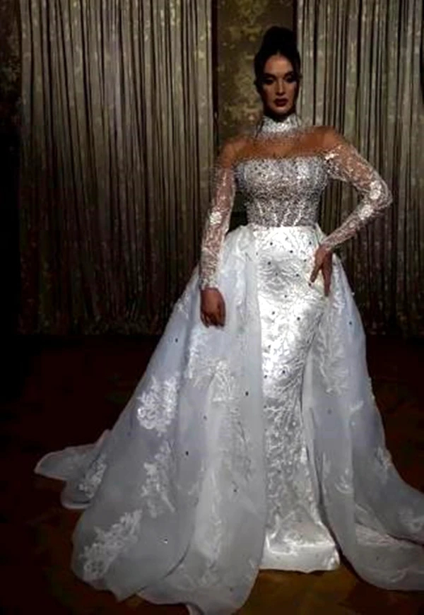 Mermaid Arabic Wedding Dubai Dresses Long Sleeves Pearls Beaded High Collar Lace Appliques Gorgeus Bridal Gowns with Detachable Train