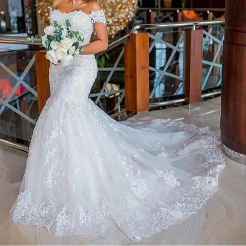 Shoulder The Elegant Off Mermaid Wedding Dress Appliques Back Lace White Tulle Long Bridal Gowns Spring Summer Plus Size Bride Dresses Up Es Lz0304