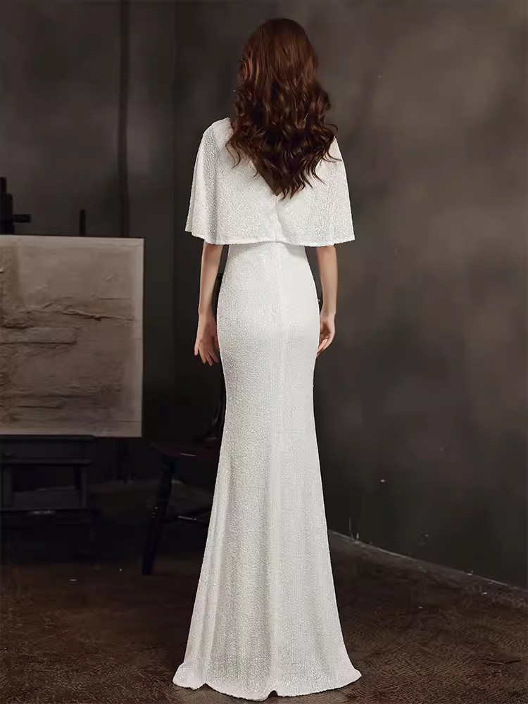 V-Neck dress long fishtail sequin evening dress slim banquet evening dress host dress