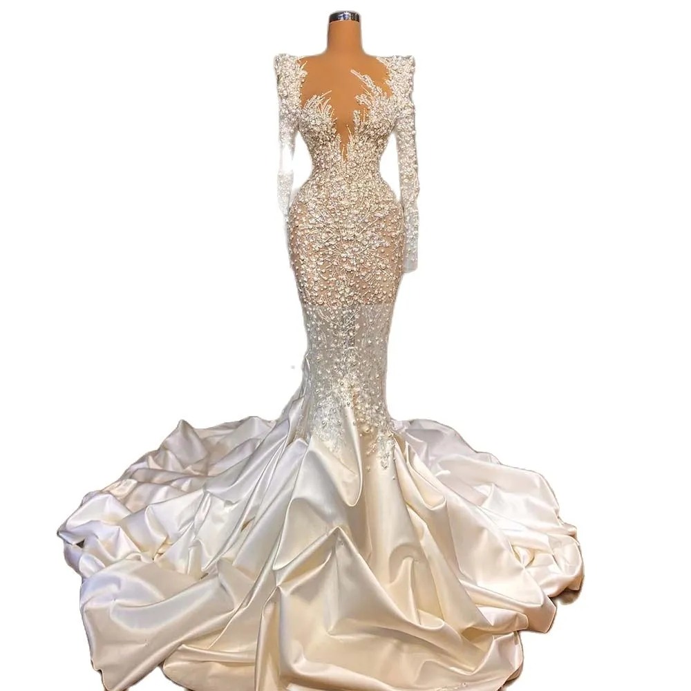 Stunningbride 2024 Pearls Mermaid Dress Sheer Neck 3D Lace Appliques Beading Wedding Gowns Custom Made Sexy Illusion Bridal Dresses