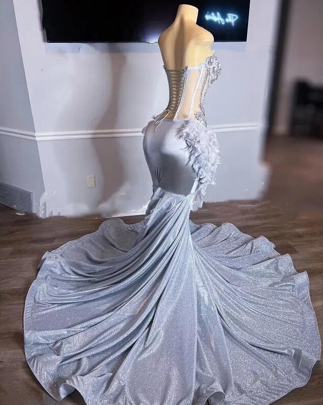 Silver Mermaid Prom Dresses 2024 Beads Feathers Glitter Crystals corset Luxury Formal Party Evening Dress Robe De Bal Gowns