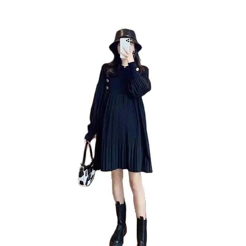 Maternity Dresses Pregnant Woman Spring Clothes Long Sleeve O-neck Knitting Patchwork Chiffon Pleated Dress Loose Pregnancy Dresses Black Green 24412