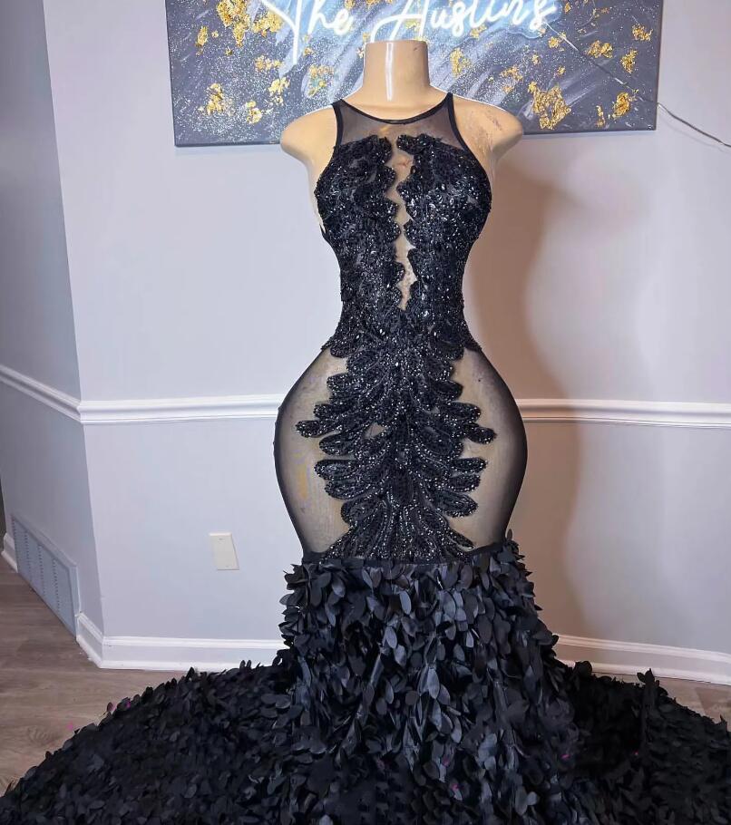 Sexy Black Mermaid Prom Dress For African Girl 2024 Beading Sequined Sleeveless Appliques Party Evening Dress Illusion Graduation Gowns
