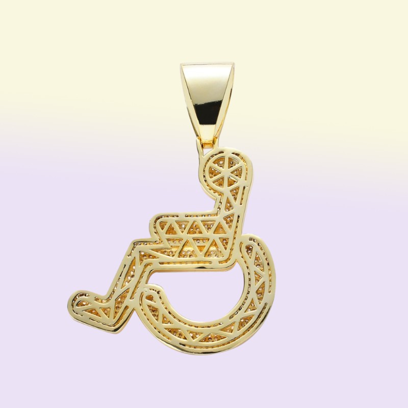 Wheelchair Handicap Sign Pendant Necklace Gold Silver Color Bling Cubic Zircon Men Hip hop Rock