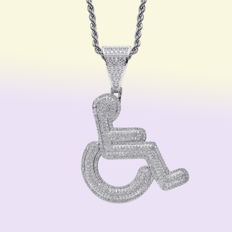 Wheelchair Handicap Sign Pendant Necklace Gold Silver Color Bling Cubic Zircon Men Hip hop Rock
