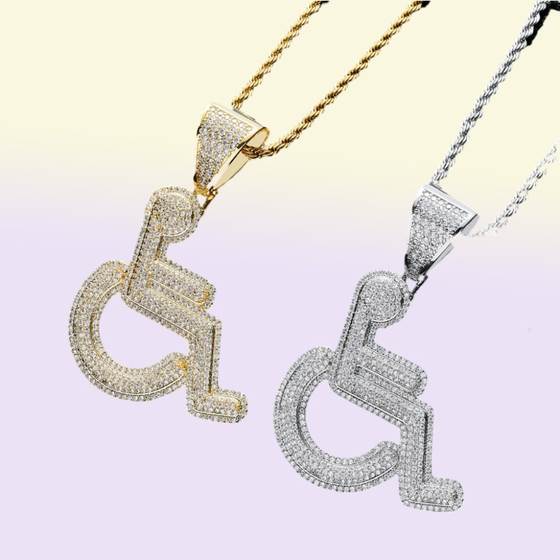 Wheelchair Handicap Sign Pendant Necklace Gold Silver Color Bling Cubic Zircon Men Hip hop Rock