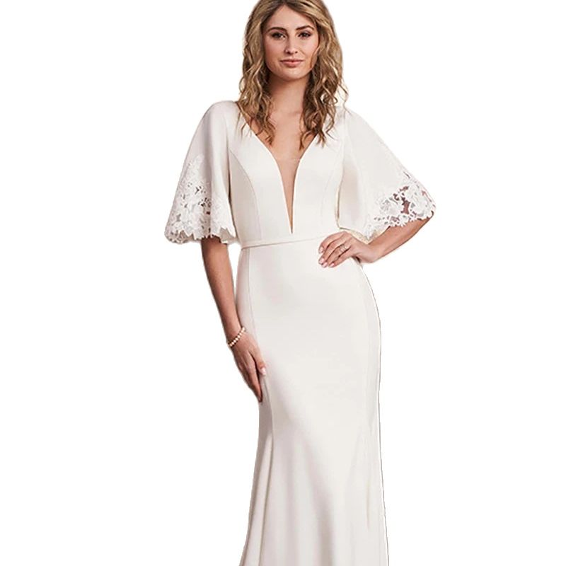 Satin Appliques Mermaid Wedding Dress V Neck Short Sleeve Lace Bride Dresses Sweep Train Bridal Gowns