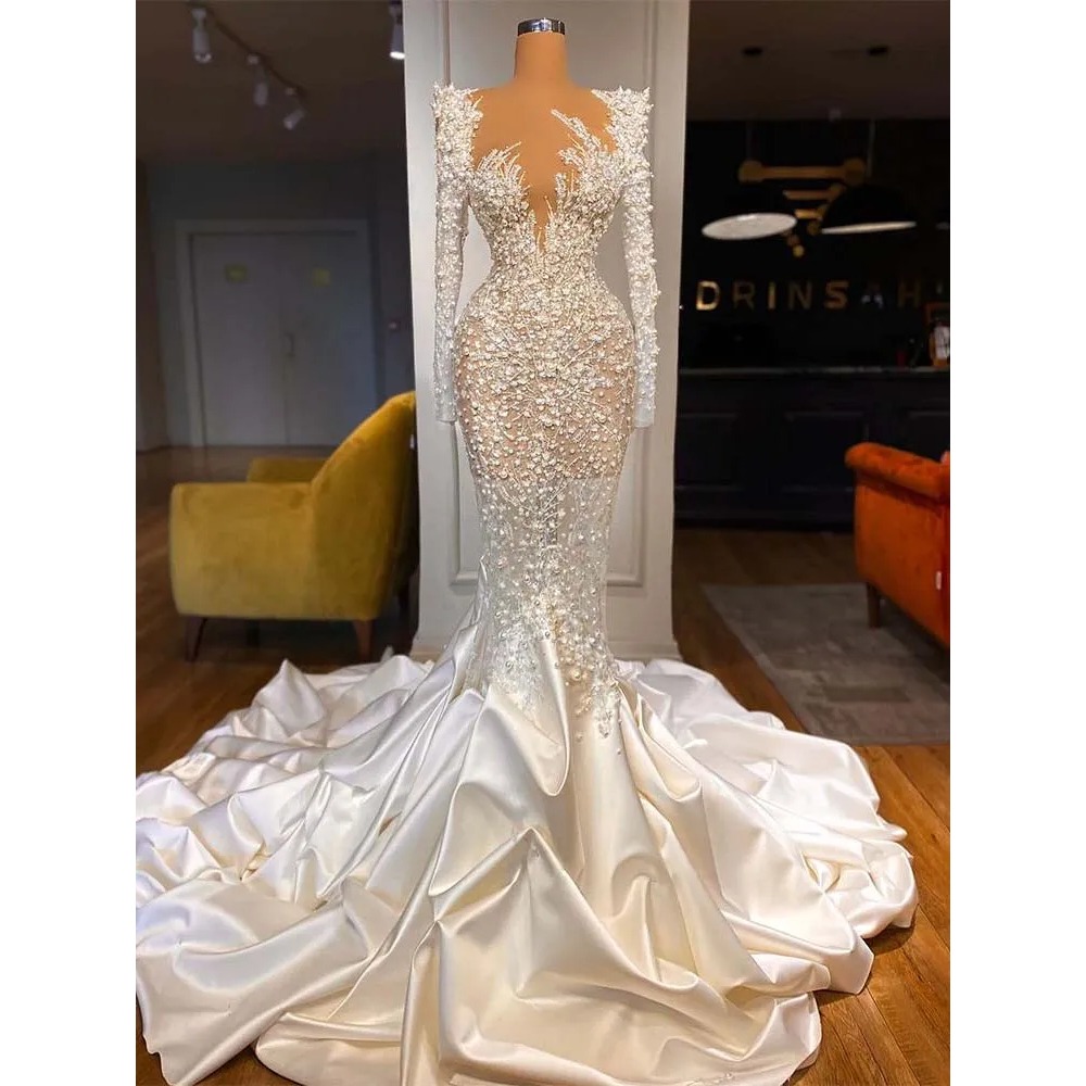 Stunningbride 2024 Pearls Mermaid Dress Sheer Neck 3D Lace Appliques Beading Wedding Gowns Custom Made Sexy Illusion Bridal Dresses