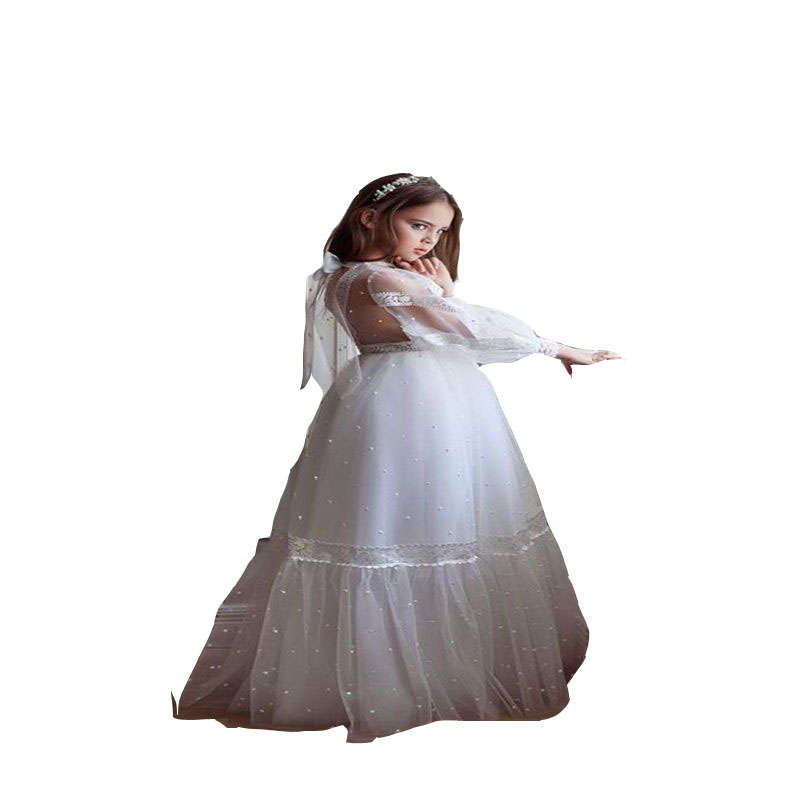 2024 Lovely Flower Girls Dresses For Weddings Long Sleeves Lace Appliques Princess Kids Birthday Girl Pageant Gowns Floor Length 0513