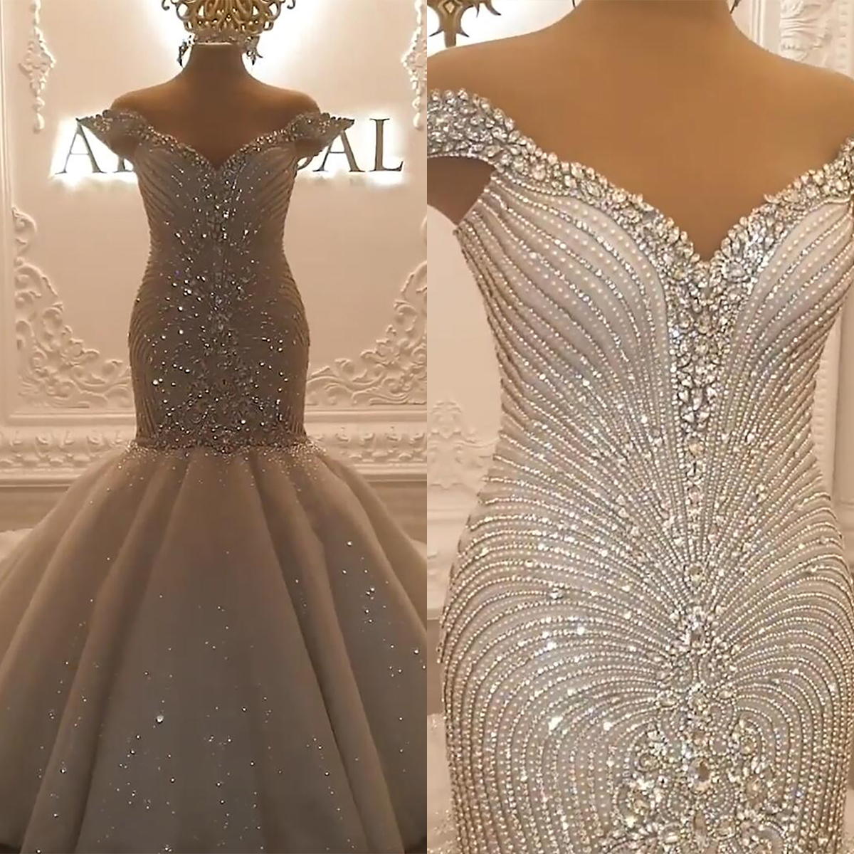 Gorgeous Mermaid Wedding Dresses V-neck Off Shoulder Design Beads Appliques Pearls Tulle Court Gown Custom Made Plus Size Bridal Gown Vestidos De Novi