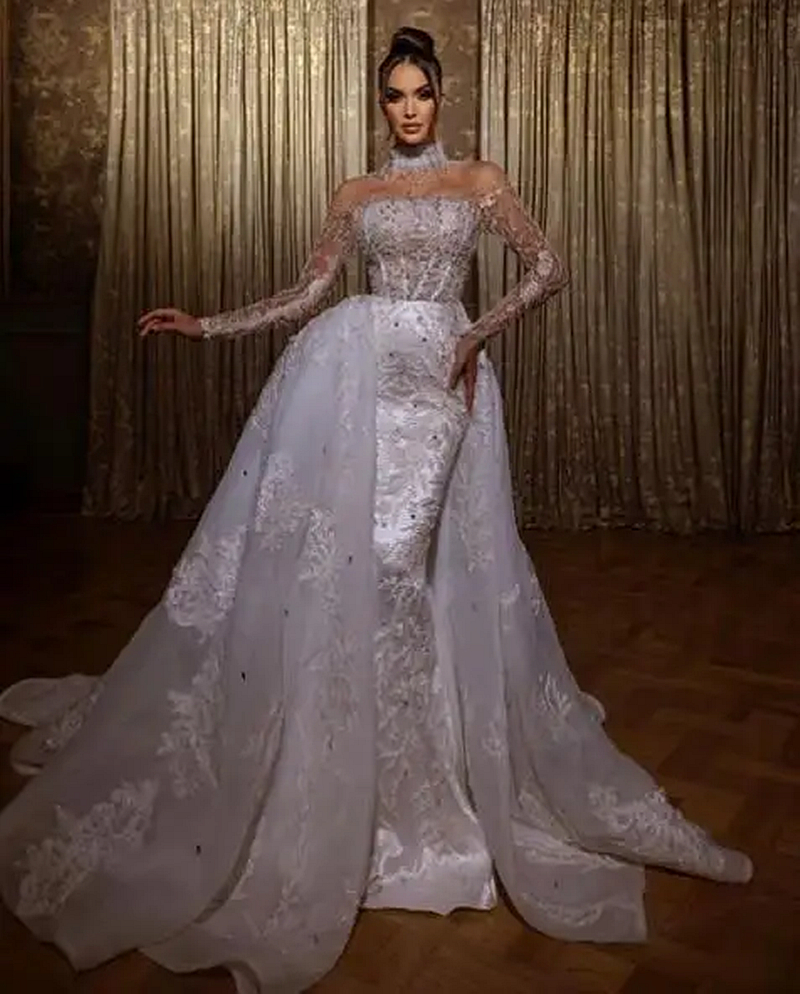 Mermaid Arabic Wedding Dubai Dresses Long Sleeves Pearls Beaded High Collar Lace Appliques Gorgeus Bridal Gowns with Detachable Train