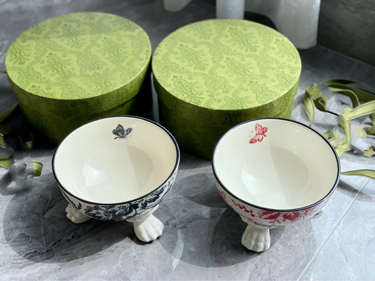 Elegant Rustic Style Animal Food Container - Porcelain Butterflies and Flowers Design