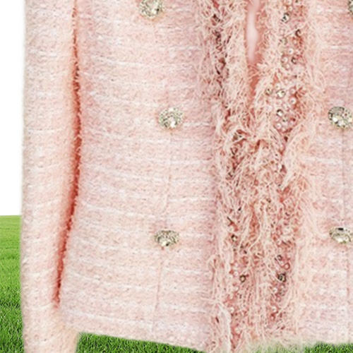 Fall Autumn Long Sleeve V Neck Pink Solid Color Tweed Beaded Rhine Buckles Double-Breasted Blazers Elegant Top Quality Outwear Coats 21O13202