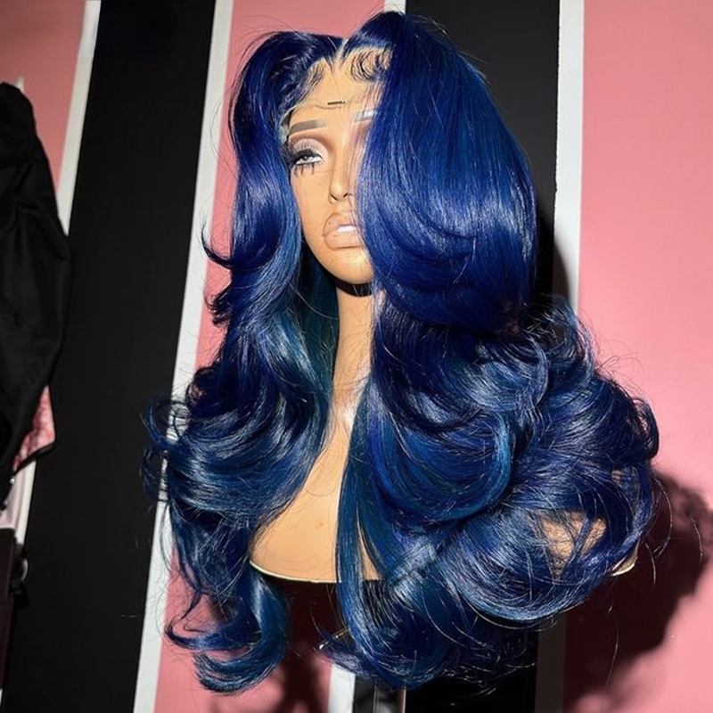 Free shipping 360 Dark Navy Blue Body Wave Human Hair 200% Highlight Glueless 13x4 Frontal PrePlucked Synthetic Closure Lace Wig