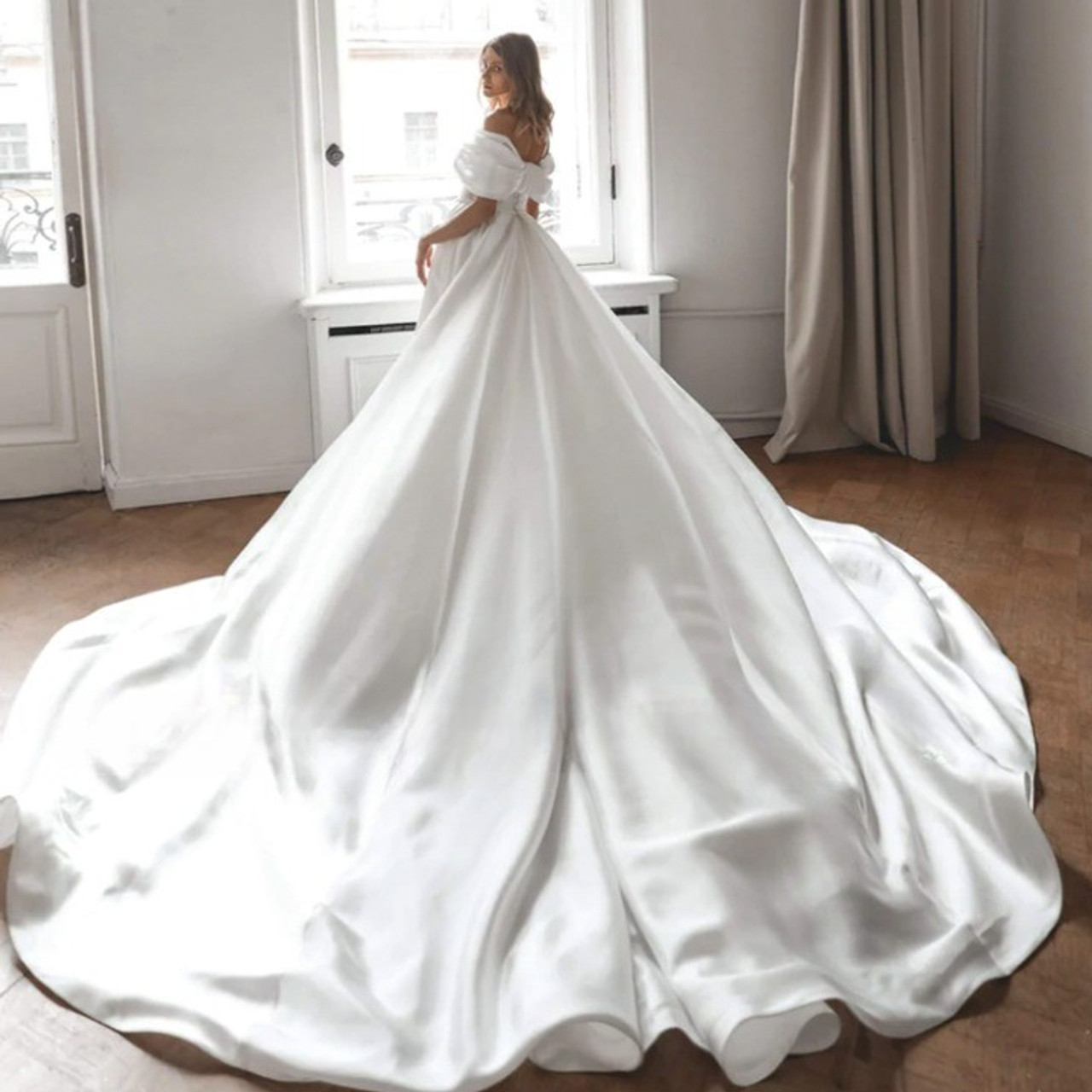 Alonlivn Elegant Off Shoulder Sleeves 2 In 1 Mermaid Wedding Dress Removable Royal Train Trumpet Bridal Gowns