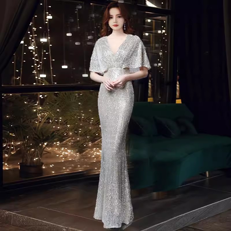 V-Neck dress long fishtail sequin evening dress slim banquet evening dress host dress