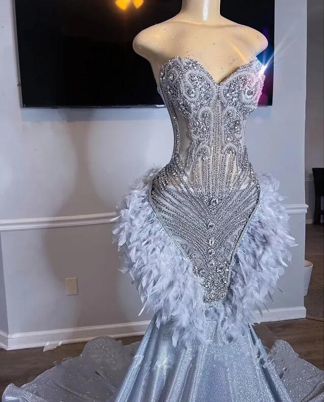 Silver Mermaid Prom Dresses 2024 Beads Feathers Glitter Crystals corset Luxury Formal Party Evening Dress Robe De Bal Gowns
