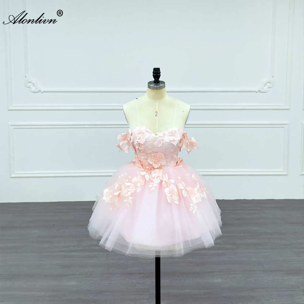 Alonlivn Off Shoulder Handmade Flowers Wedding Dress Beading Appliques Inside Short Skirts Overside Removable Train For Brides