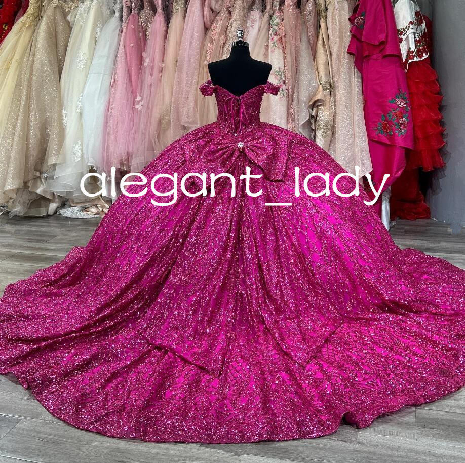 Fuchsia Purple Sparkly Princess Quinceanera Dresses Off Shoulder Gillter Crystal Sequins Prom Sweet 15 vestidos de cerimonia