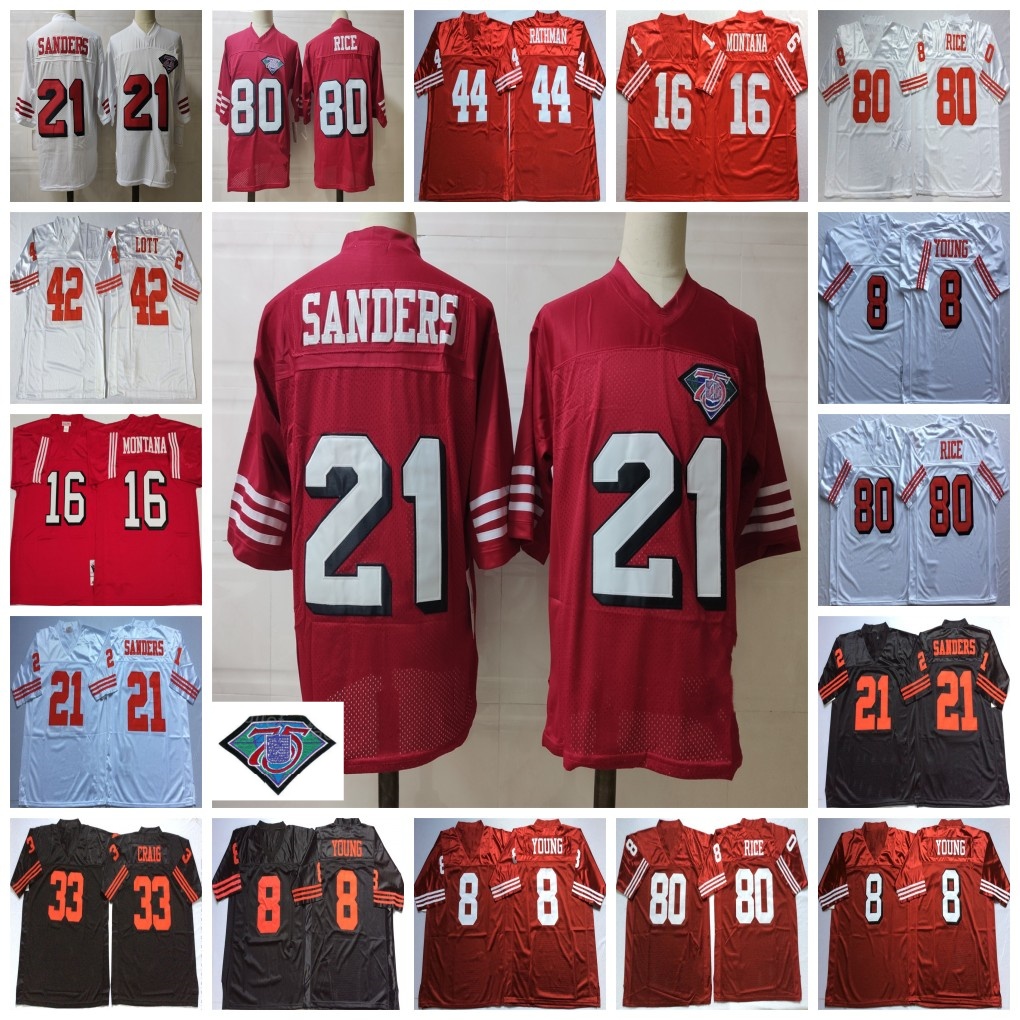 75th Anniversary Mitchell and Ness Throwback Football 8 Steve Young Jersey 16 Joe Montana 42 Ronnie Lott 80 Jerry Rice 1989 1994 Vintage Stitched Red White Black