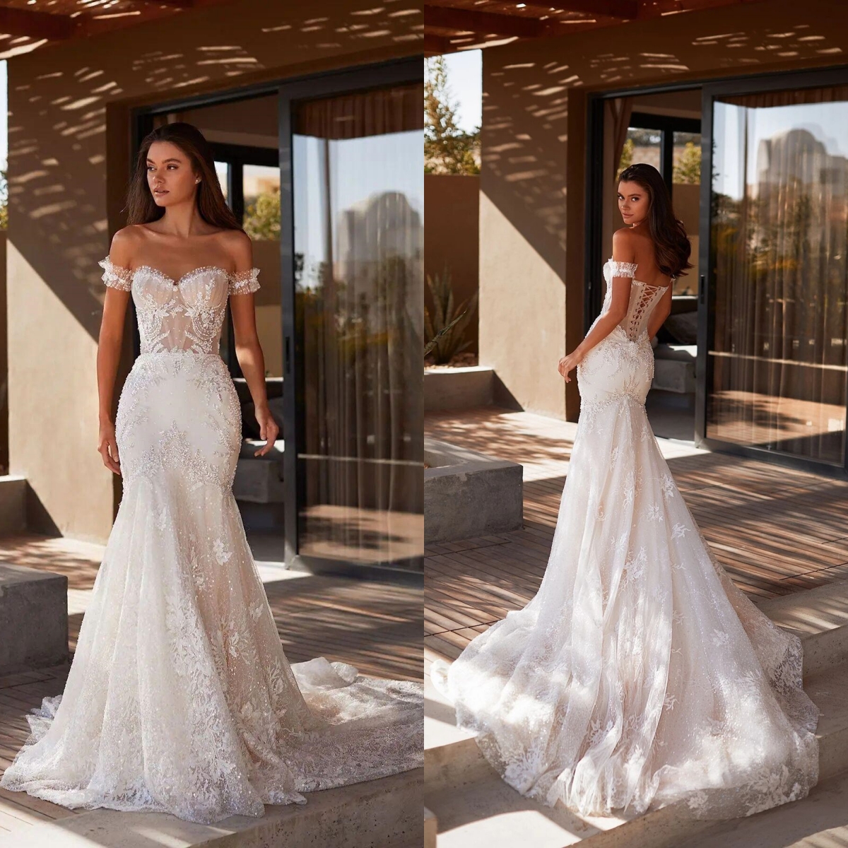 Modern Mermaid Wedding Dresses Sweetheart Neck Bridal Gowns Bow Lace Up Short Sleeves Bride Dresses Illusion Custom Made