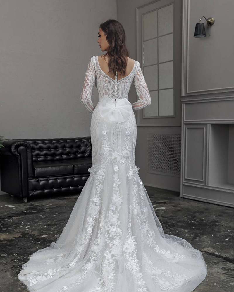 Romantic Mermaid Wedding Dresses 3D-Floral Appliques Bow Bridal Gowns Bow Long Sleeves Bride Dresses Illusion Custom Made