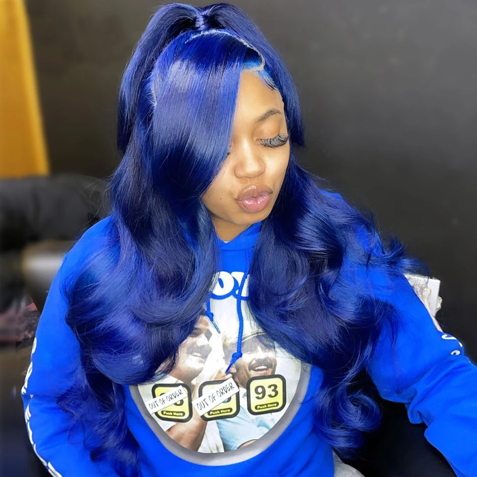 Free shipping 360 Dark Navy Blue Body Wave Human Hair 200% Highlight Glueless 13x4 Frontal PrePlucked Synthetic Closure Lace Wig