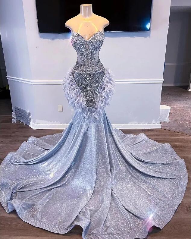Silver Mermaid Prom Dresses 2024 Beads Feathers Glitter Crystals corset Luxury Formal Party Evening Dress Robe De Bal Gowns