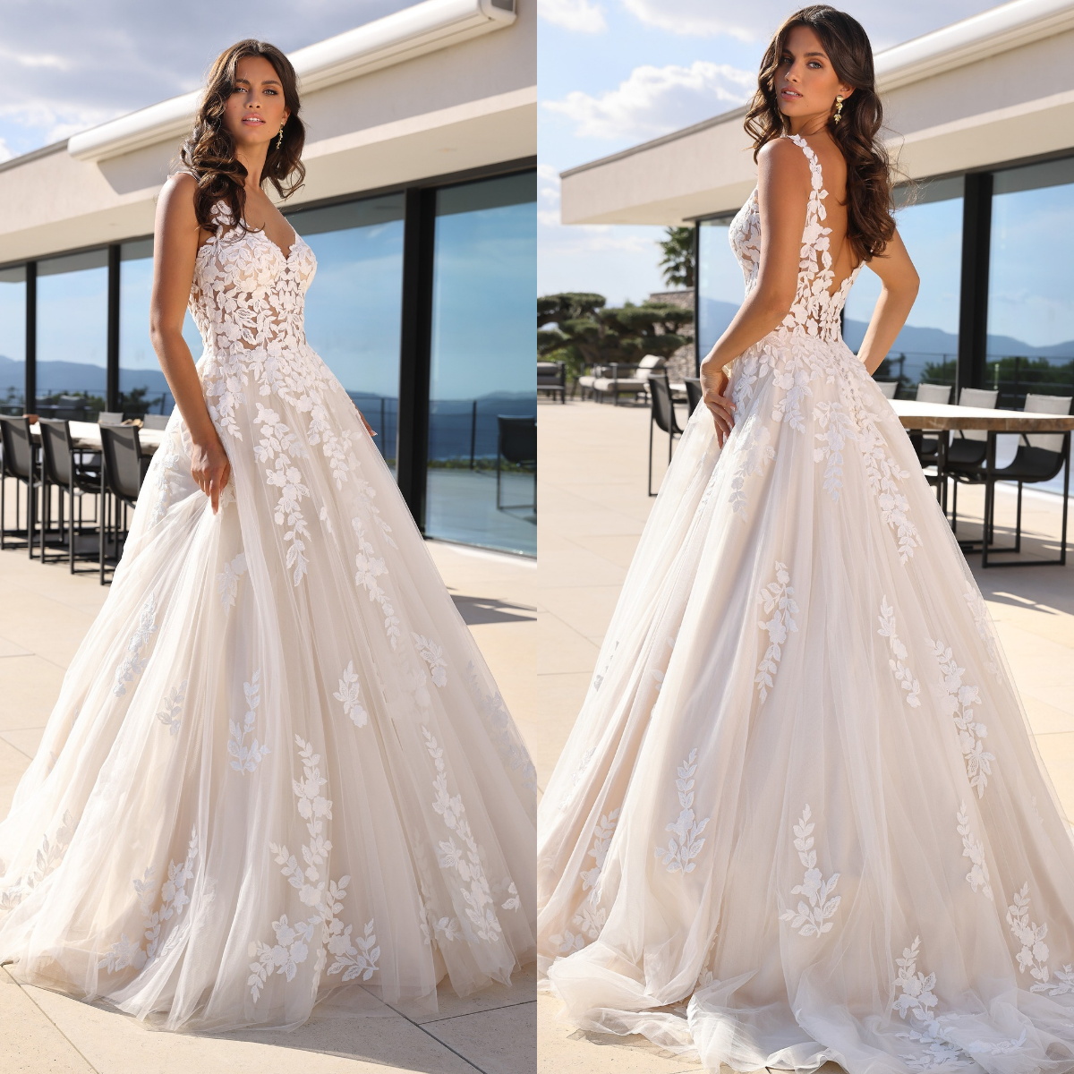 Elegant V Neck Wedding Dresses Lace Appliqued Bridal Gowns Sweep Train A Line Beach Country Vestidos De Noiva