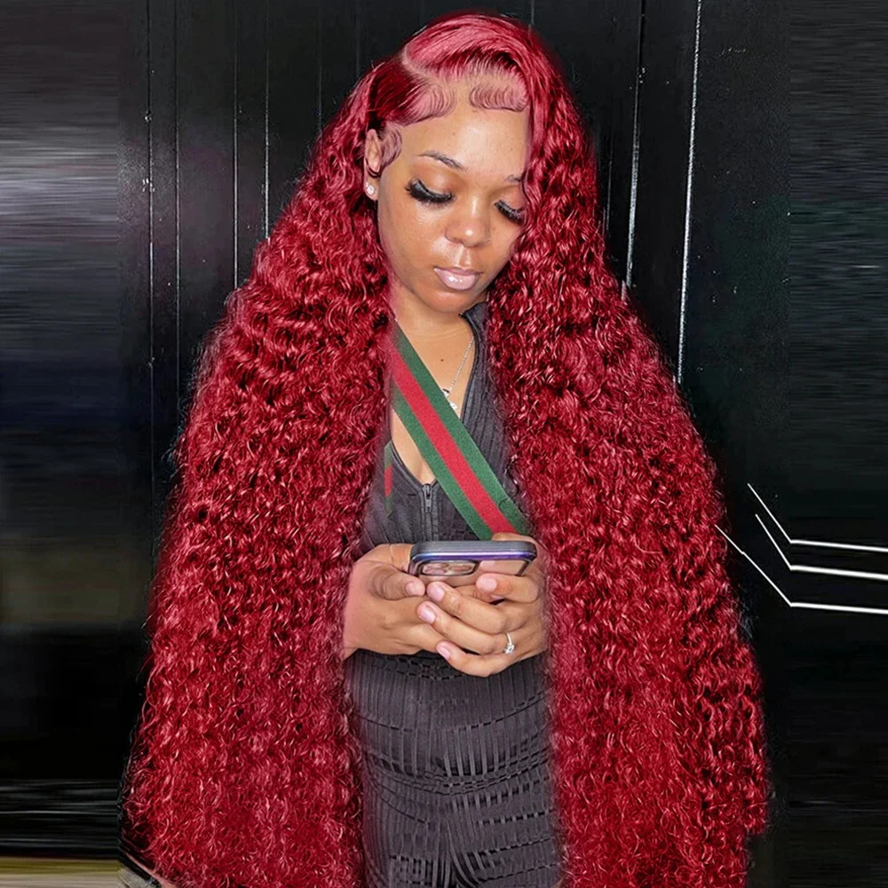 13x4 13x6 Brazilian Deep Curly Lace Frontal Wig Transparent 99J Burgundy Curly Lace Front Wigs Red Colored HD Deep Wave Simulation Human Hair Wigs