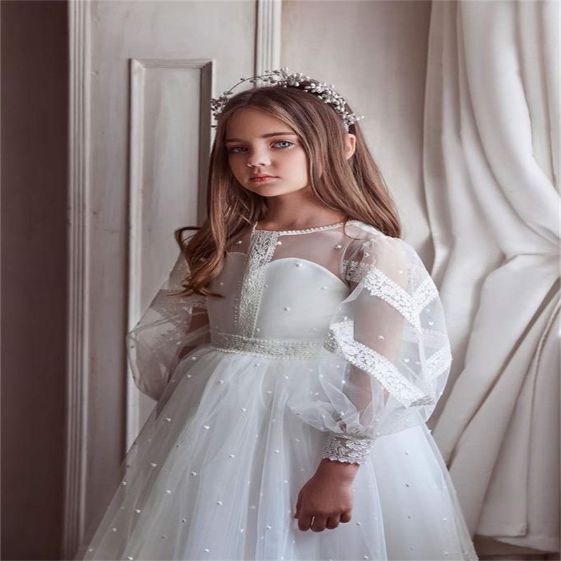2024 Lovely Flower Girls Dresses For Weddings Long Sleeves Lace Appliques Princess Kids Birthday Girl Pageant Gowns Floor Length 0513