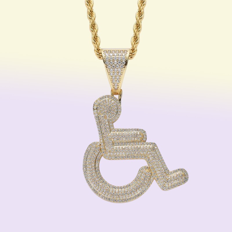 Wheelchair Handicap Sign Pendant Necklace Gold Silver Color Bling Cubic Zircon Men Hip hop Rock