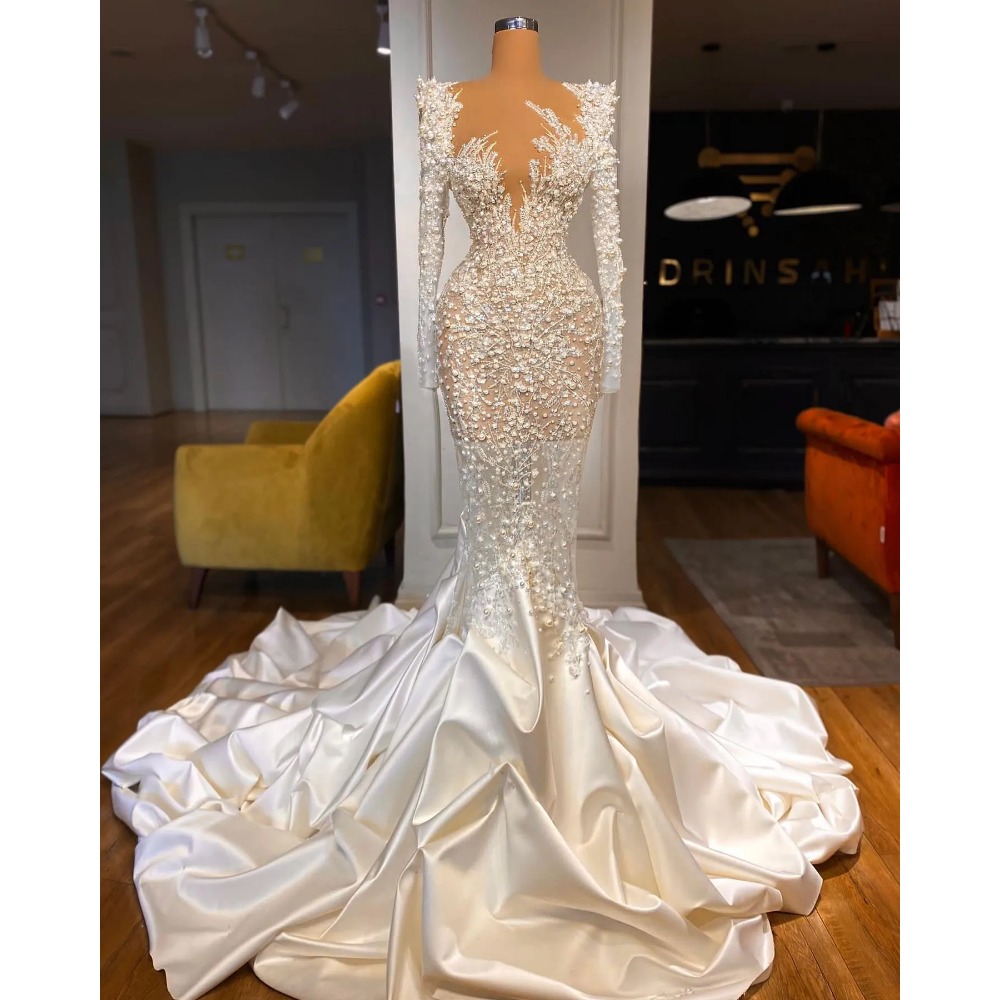 Stunningbride 2024 Crystal Mermaid Wedding Dresses Long Sleeves Beads Appliques Lace Bridal Gowns Custom Made Sweep Train Bride Dress