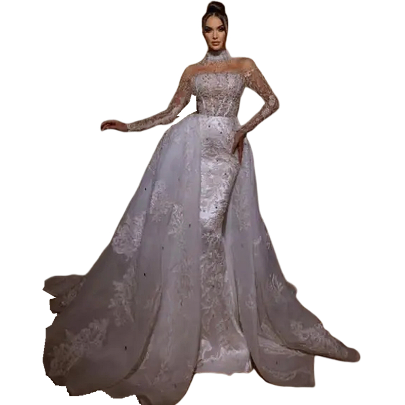 Mermaid Arabic Wedding Dubai Dresses Long Sleeves Pearls Beaded High Collar Lace Appliques Gorgeus Bridal Gowns with Detachable Train