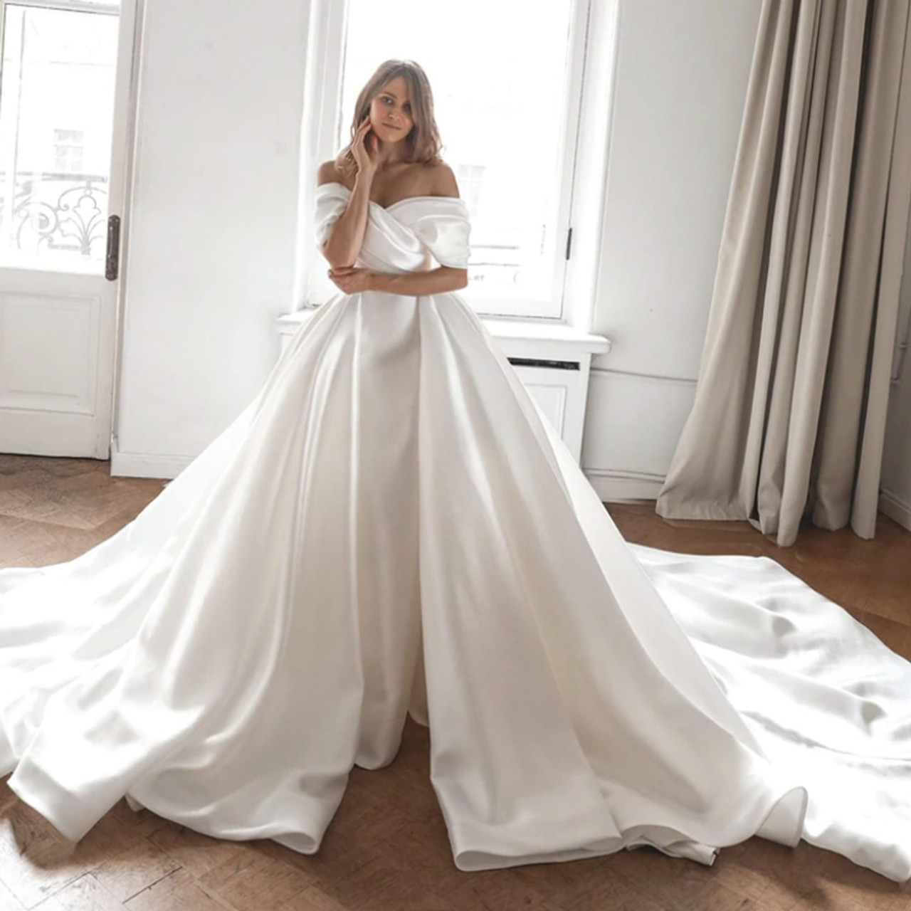 Alonlivn Elegant Off Shoulder Sleeves 2 In 1 Mermaid Wedding Dress Removable Royal Train Trumpet Bridal Gowns
