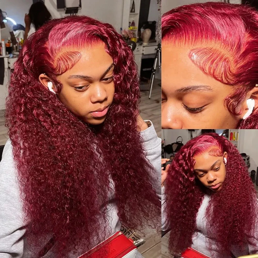 13x4 13x6 Brazilian Deep Curly Lace Frontal Wig Transparent 99J Burgundy Curly Lace Front Wigs Red Colored HD Deep Wave Simulation Human Hair Wigs