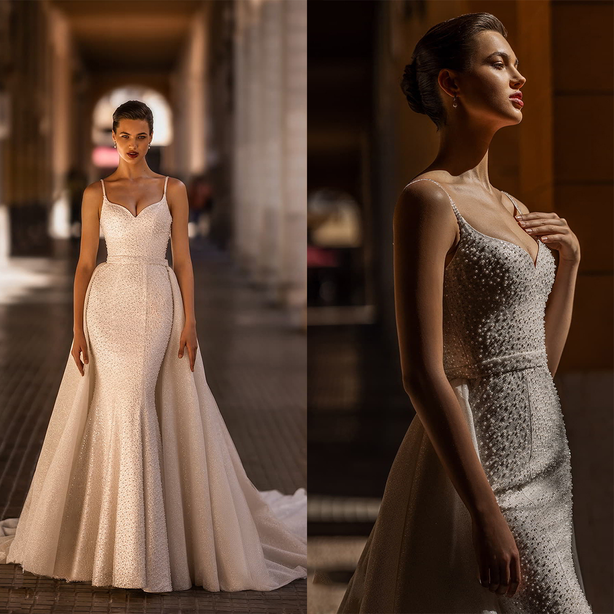 Pearls Mermaid Wedding Spaghetti Straps Bridal Gowns With Detachable Train Bride Dresses Custom Made 0219