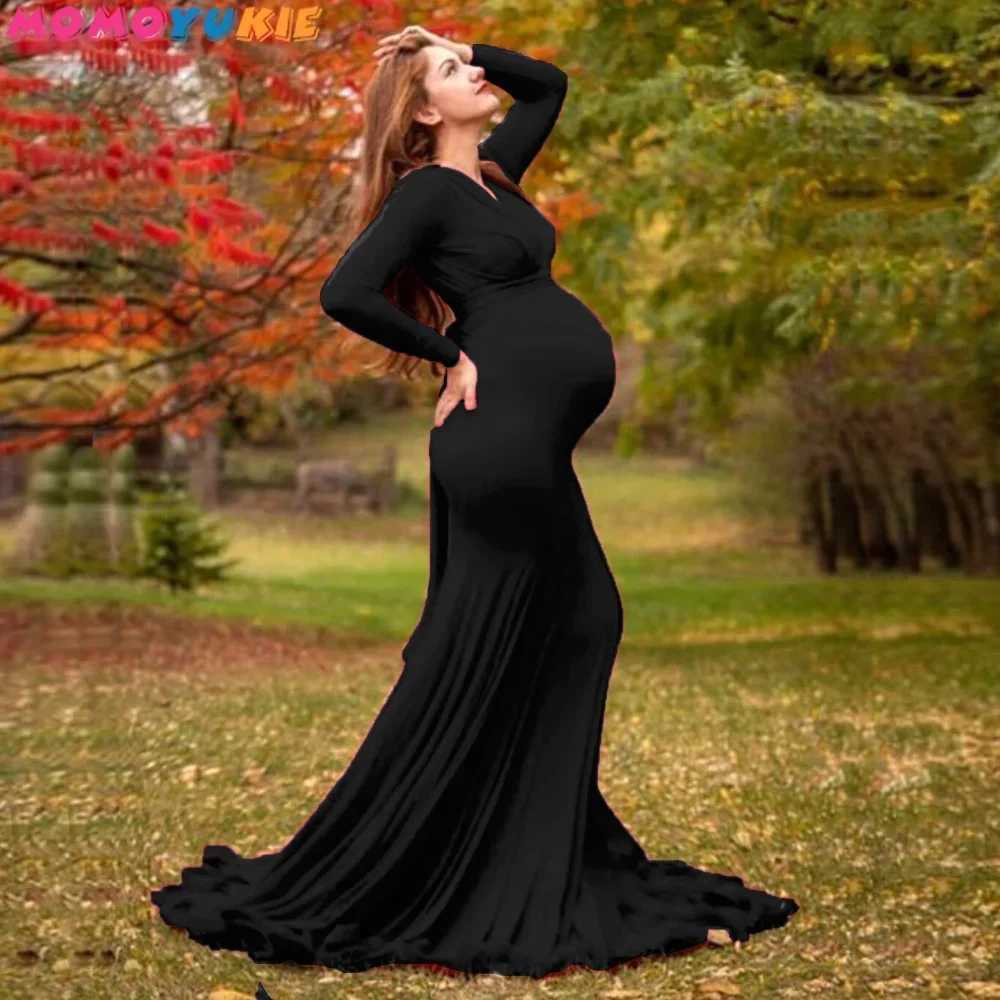 Maternity Dresses Womens Spring Autumn Maternity Dress Elegant Slim V-Neck Long Sleeve Mermaid Maxi Gowns for Photography Baby Shower Photoshoot 24412