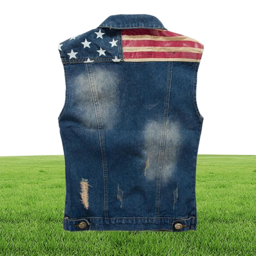 Design Man Denim Vest America Flag Blue Jeans Waistcoat Sleeveless Cowboy Jeans Jacket Men Sleeveless coat w58