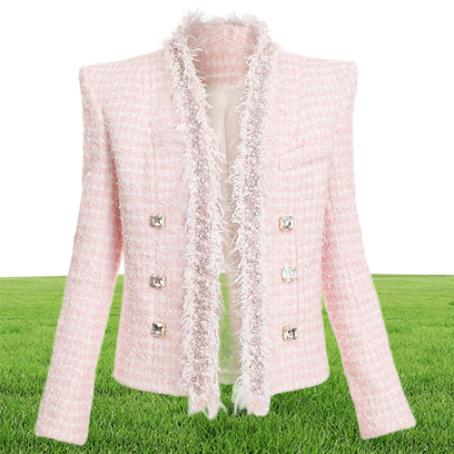 Fall Autumn Long Sleeve V Neck Pink Solid Color Tweed Beaded Rhine Buckles Double-Breasted Blazers Elegant Top Quality Outwear Coats 21O13202
