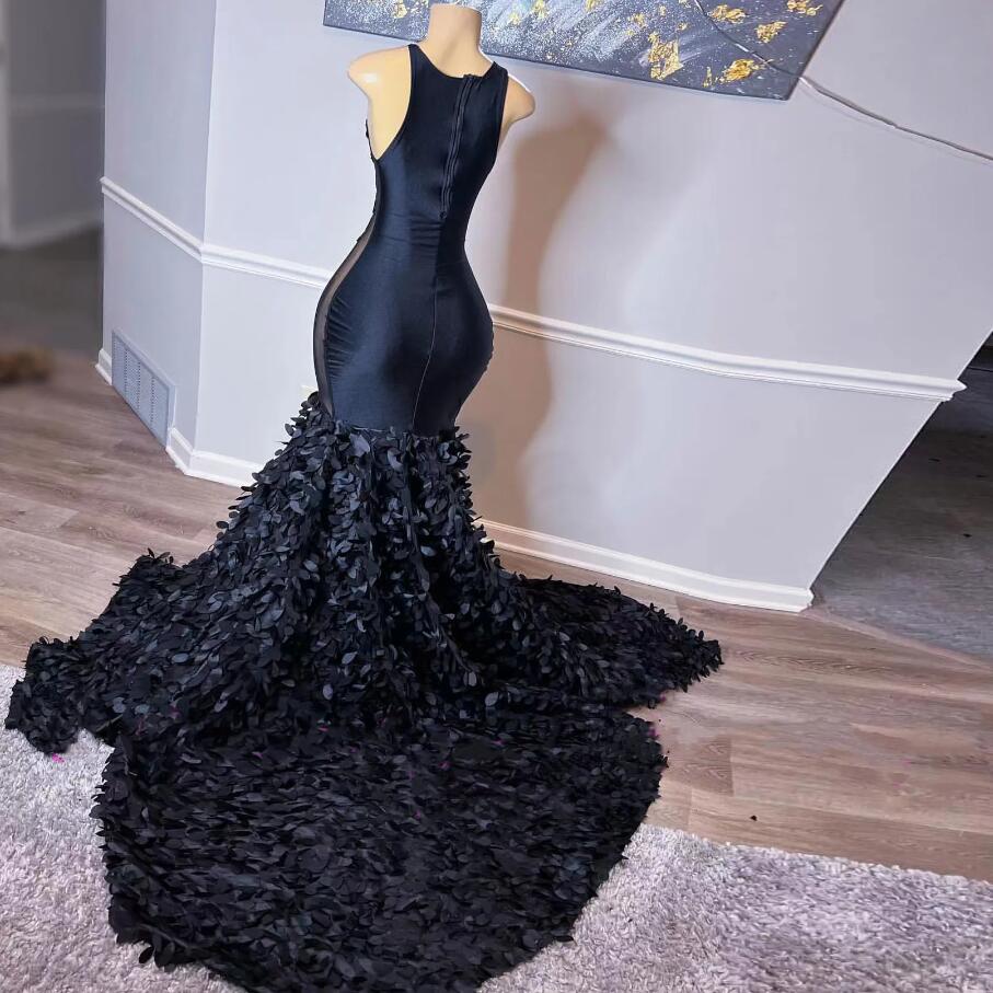 Sexy Black Mermaid Prom Dress For African Girl 2024 Beading Sequined Sleeveless Appliques Party Evening Dress Illusion Graduation Gowns
