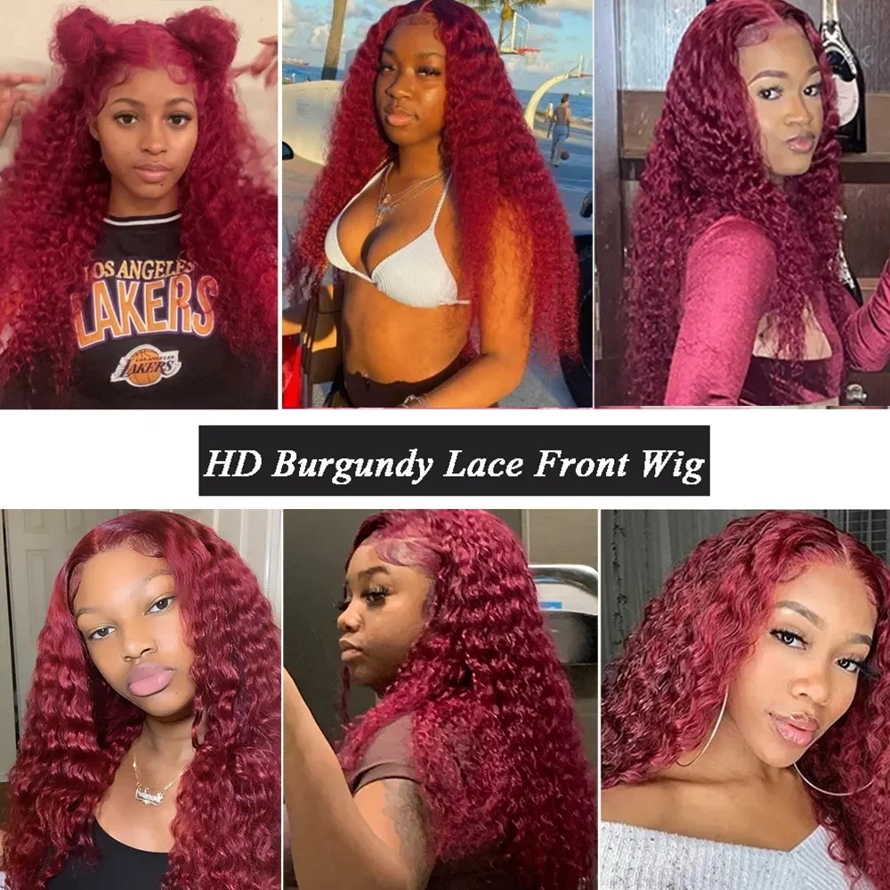 13x4 13x6 Brazilian Deep Curly Lace Frontal Wig Transparent 99J Burgundy Curly Lace Front Wigs Red Colored HD Deep Wave Simulation Human Hair Wigs