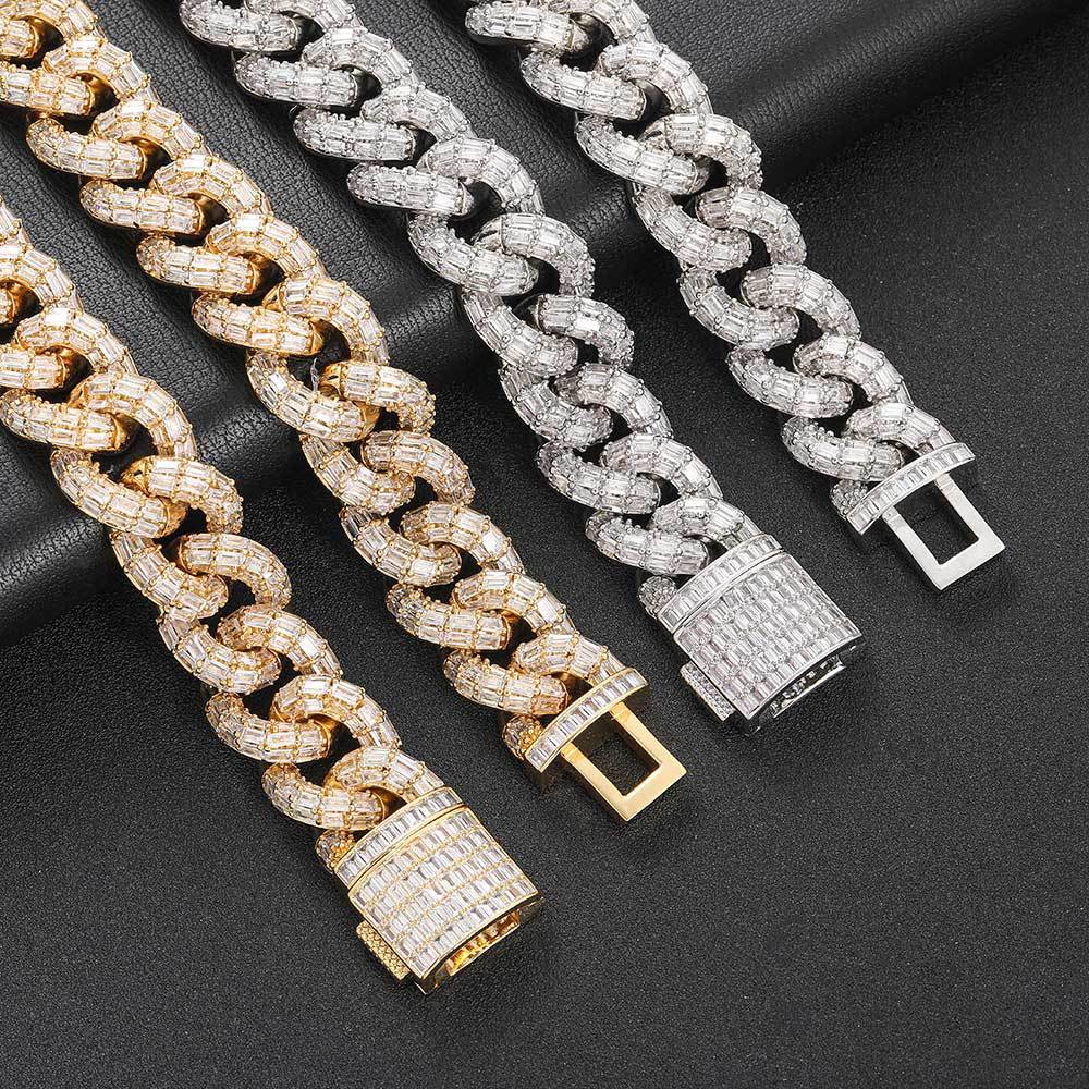 21mm Hip Hop Three Rows T Zircon Tennis Chain Miami Cuban Link Chain Mens Necklace 18k Real Gold Plated Gold Heavy Jewelry