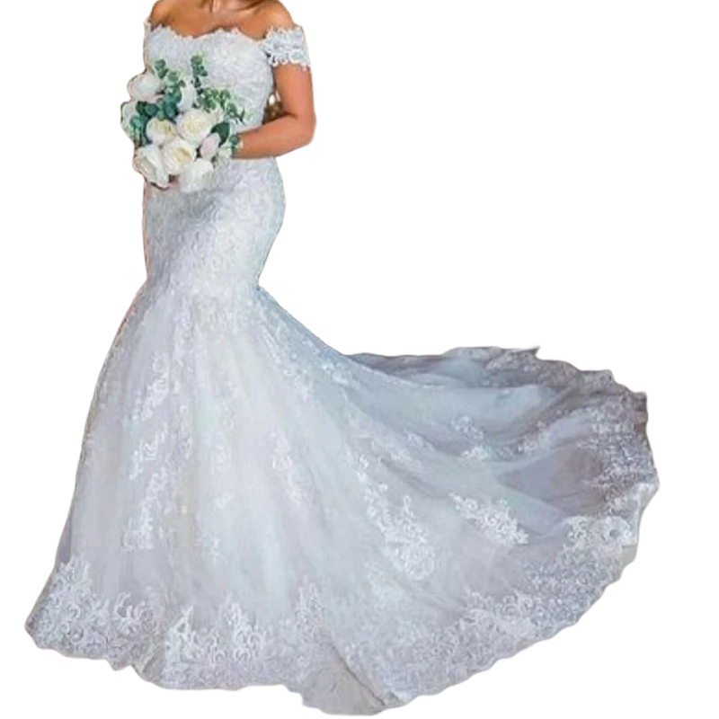 Shoulder The Elegant Off Mermaid Wedding Dress Appliques Back Lace White Tulle Long Bridal Gowns Spring Summer Plus Size Bride Dresses Up Es Lz0304