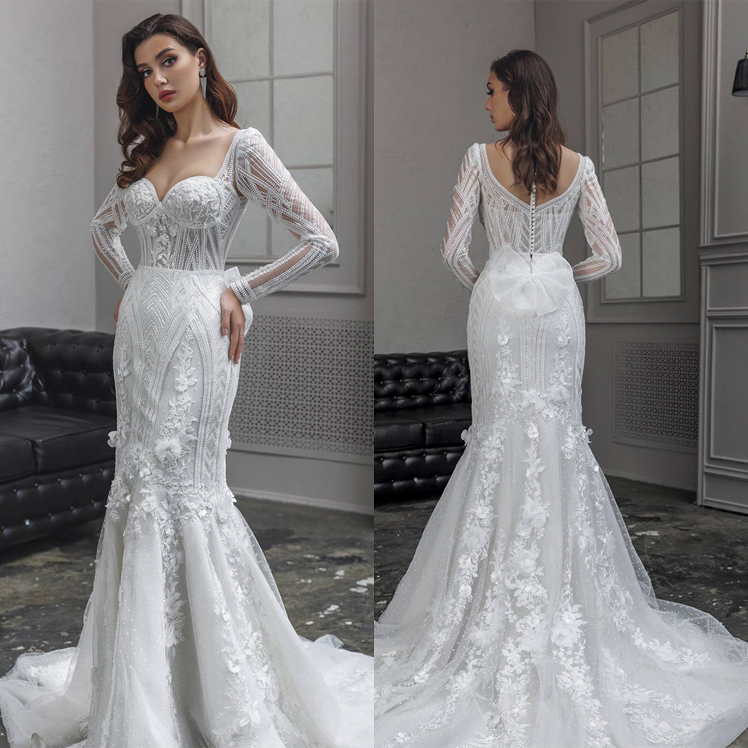 Romantic Mermaid Wedding Dresses 3D-Floral Appliques Bow Bridal Gowns Bow Long Sleeves Bride Dresses Illusion Custom Made